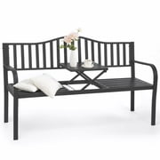 Naipo Outdoor Metal Garden Bench 59" Patio Bench with Built in Table Park Bench, Outside Bench Weather Proof Front Porch Bench, 500lbs