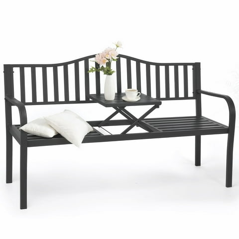 Naipo Outdoor Metal Garden Bench 59" Patio Bench with Built in Table Park Bench, Outside Bench Weather Proof Front Porch Bench, 500lbs