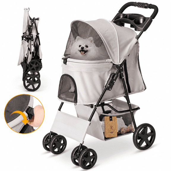Naipo Pet Dog Stroller for Small Dogs and Cats,One-Click Folding 4-Wheel Pet Stroller with Storage Basket/Cup Holder,for Travel/Jogging, Gray