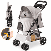 Naipo Pet Dog Stroller for Small Dogs and Cats,One-Click Folding 4-Wheel Pet Stroller with Storage Basket/Cup Holder,for Travel/Jogging, Gray