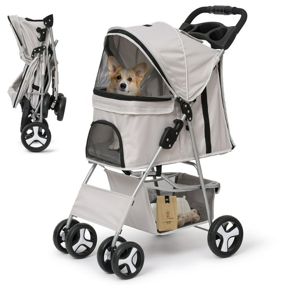 Naipo 4 Wheel Pet Stroller for Small Dogs and Cat, Foldable Dog Stroller with Storage Basket,Gray
