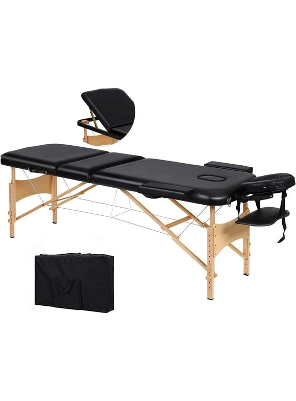 Naipo Portable Massage Table Lash Spa Bed 3 Section Folding Wooden Frame Tattoo Salon Table Maximum Weight 495 LBS with Carrying Case
