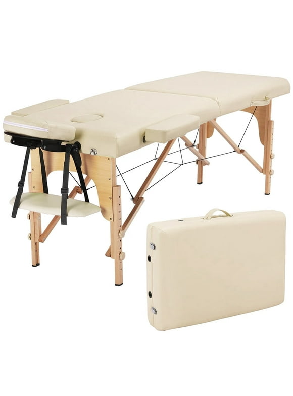 Naipo Portable Massage Table Professional  Massage Bed Lash Bed  Facial Bed SPA Bed Treatment Table 2 Fold Wood Height Adjustable with Carrying Bag (Cream)