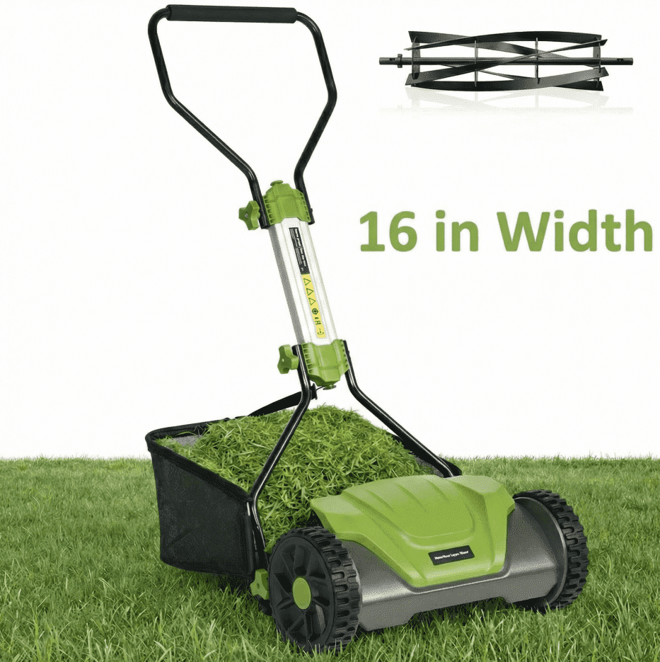 Naipo Push Reel Lawn Mower, 16-in 5-Blade for 6 Height Adjustable(0.6~1.6) Manual Lawn Mower with 8-Gallon Grass Bag, for Small Lawns, Green