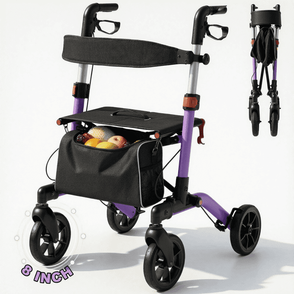 Naipo Lightweight Rollator Walker for Seniors, All Terrain Rolling Walkers with Backrest and Seat, Height Adjustment for 5.1-6.1ft, Max Load 300 lbs, Purple