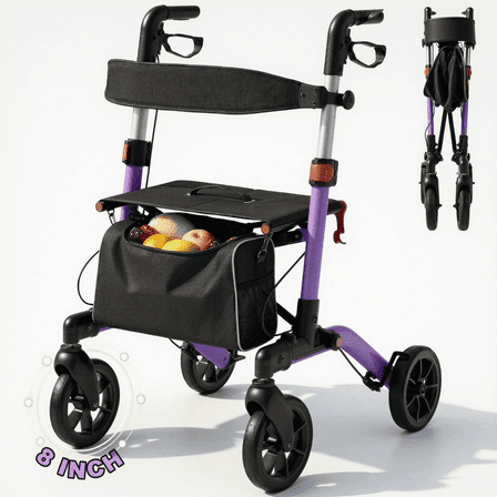 Naipo Lightweight Rollator Walker for Seniors, All Terrain Rolling Walkers with Backrest and Seat, Height Adjustment for 5.1-6.1ft, Max Load 300 lbs, Purple