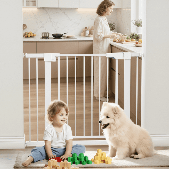 Naipo Baby Safety Gate,29.93~40.55 inch Wide Walk Through Baby Gate Hardware/Pressure Mounting Kit,with 2 Extensions for Age 6 to 24 Months,White