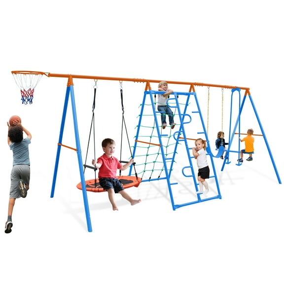 Naipo Swing Set for Backyard 6-in-1 Metal Playground Sets for Backyards Outdoor Playset for Kids: Saucer Swing, Belt Swing, Glider, Climbing Net, Basketball Hoop - 700 lbs Capacity Outside, Green