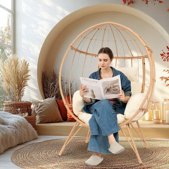 Naipo Wicker Egg Chair Outdoor Indoor Oversized Lounger with Stand and Cushions Papasan Egg Basket Chair 350lbs Capacity for Patio Porch Backyard Balcony- Beige