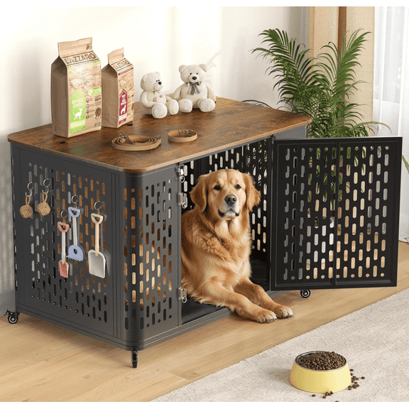 Naipo XL Heavy Duty Dog Crate Furniture, 43.7" Large Metal Dog Kennel, Chew Proof  Prevent Escape for High Anxiety Dogs,  Indoor Indestructible Dog Kennel, Rustic Brown