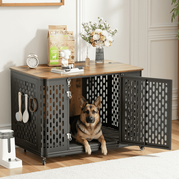 Naipo XL Heavy Duty Dog Crate Furniture, 43.7" Large Metal Dog Kennel, Chew Proof Prevent Escape for High Anxiety Dogs, Indoor Indestructible Dog Kennel, Rustic Brown
