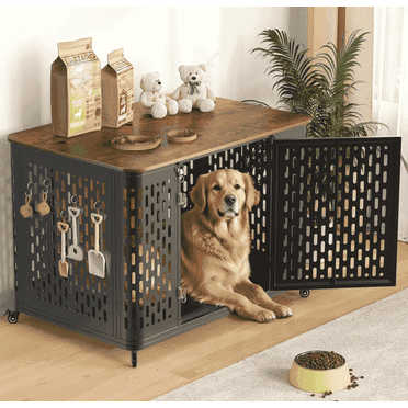 Naipo XL Heavy Duty Dog Crate Furniture, 43.7" Large Metal Dog Kennel, Chew Proof  Prevent Escape for High Anxiety Dogs,  Indoor Indestructible Dog Kennel, Rustic Brown