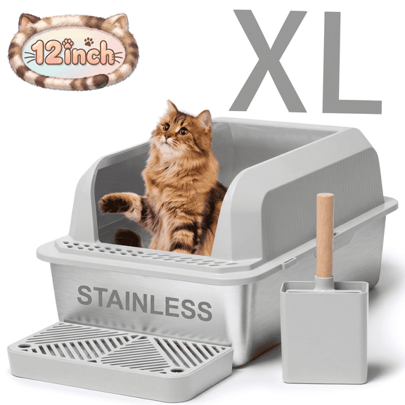Naipo Stainless Steel Cat Litter Box with High Side,23.5"×15.5"×12"Extra Large Litter Box with Scoop and Footboard,for Small/Big/Multi Cats,Gray