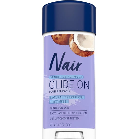 Nair Hair Remover Sensitive Formula Glide on Depilatory Cream, Natural Coconut Oil, 3.3 oz