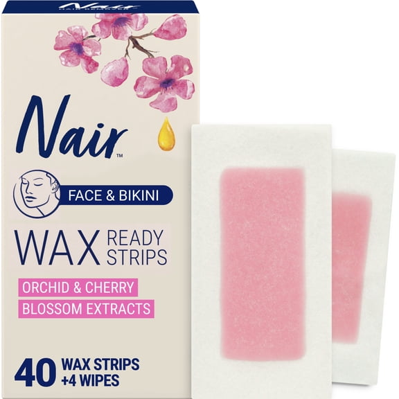 Nair Wax Ready Strips, Face and Bikini Hair Removal Wax Strips, Plus 4 Post Wipes, 40 Count
