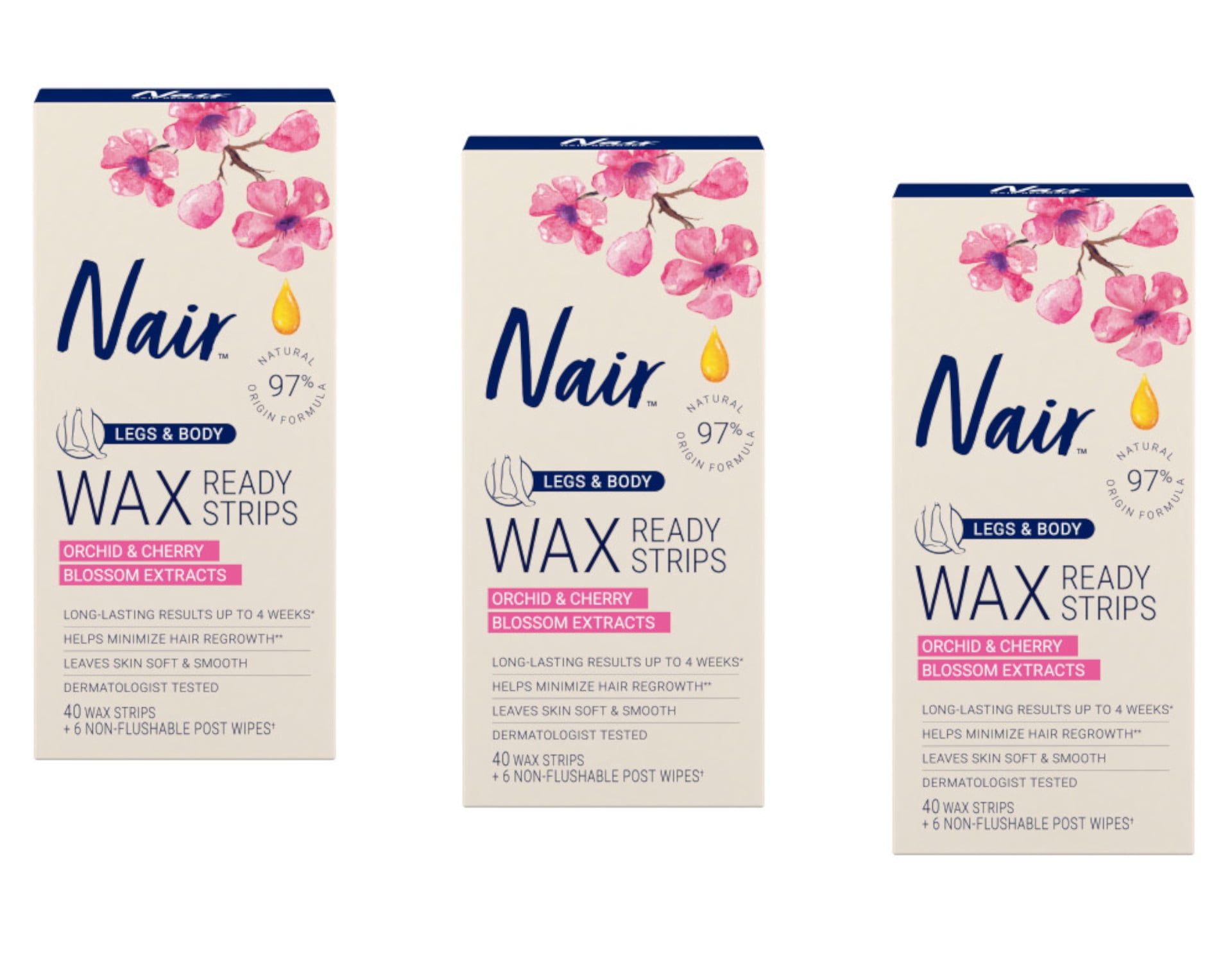 Nair Hair Remover Wax Ready Strips Legs Body 40 ea (Pack of 3