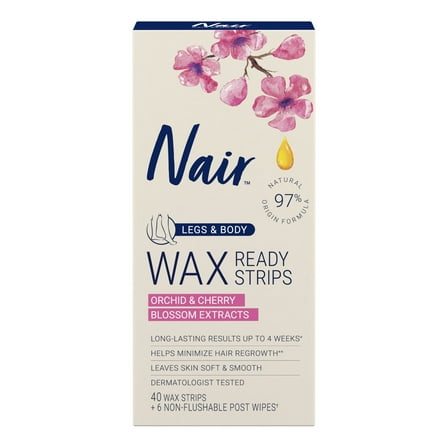 Nair Wax Ready Strips, Hair Removal Wax Strips For Legs and Body, 40 Count Plus 6 Post Wipes
