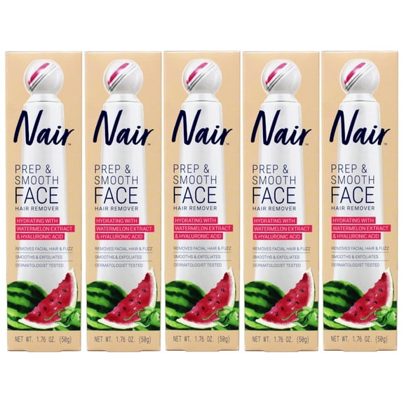 Nair Prep & Smooth Face, Exfoliating Facial Hair Removal for Woman, Depilatory Cream, Smooth Skin Solution for Effective Hair Removal, Hydrating with Hyaluronic Acid for Skincare, 1.76 oz - Pack of 5