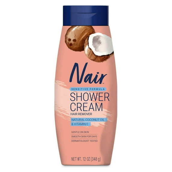 Nair Sensitive Shower Cream Hair Remover, Coconut Oil & Vitamin E, Body Hair Removal Cream, 12 oz (2 pack)