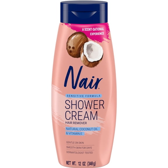 Nair Sensitive Shower Cream Hair Remover, Coconut Oil & Vitamin E, Body Hair Removal Cream, 12 oz