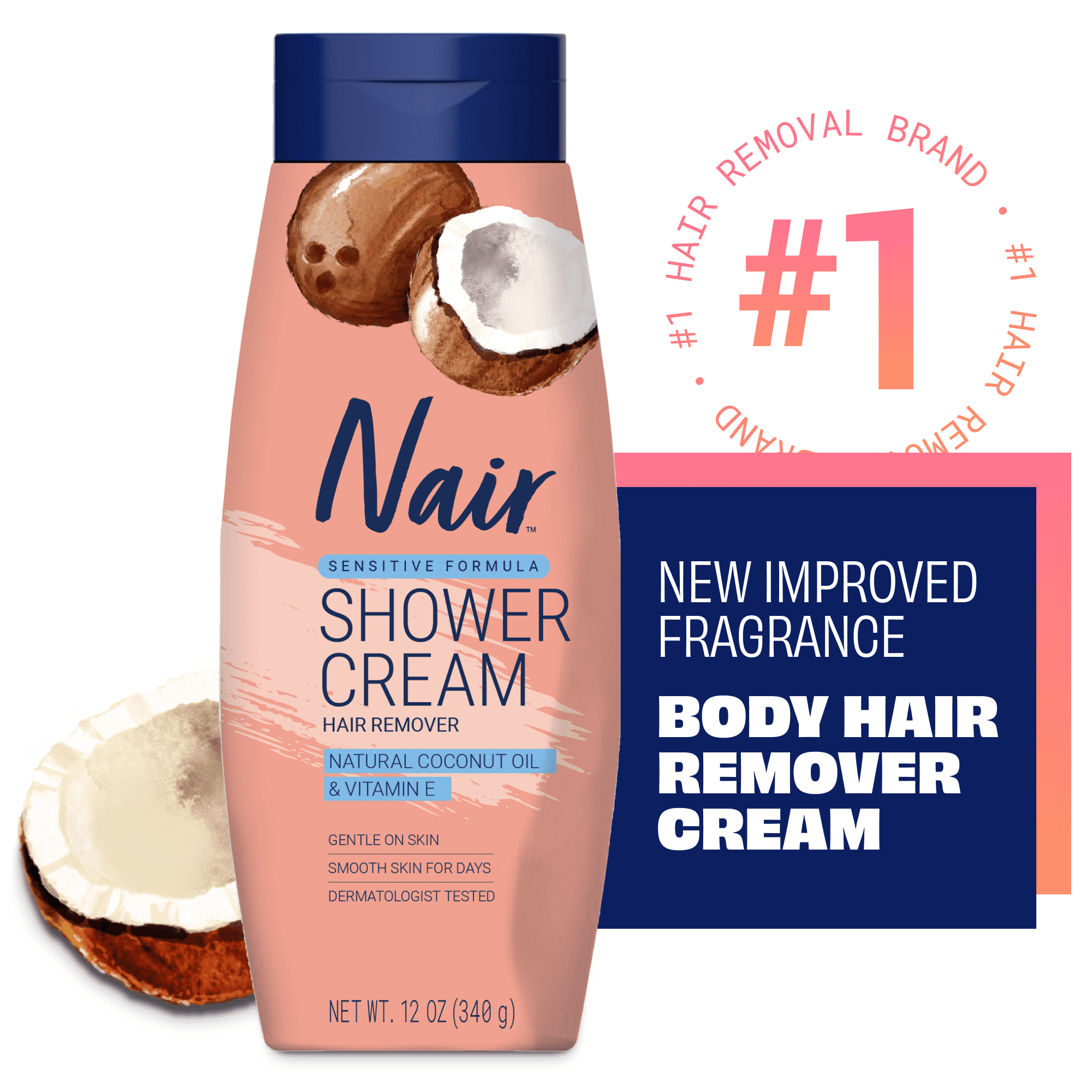 Nair Sensitive Shower Cream Hair Remover Coconut Oil Vitamin E Body Hair Removal Cream for Women 12 oz