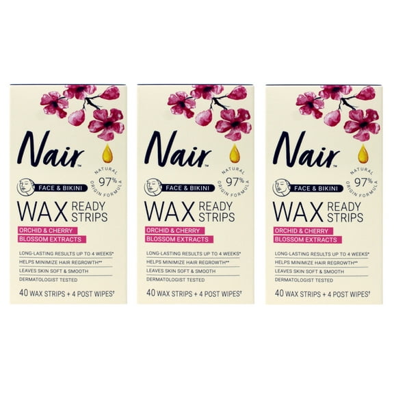 3 Pack Nair Hair Remover Wax Ready-Strips for Face & Bikini 40 Wax Strips