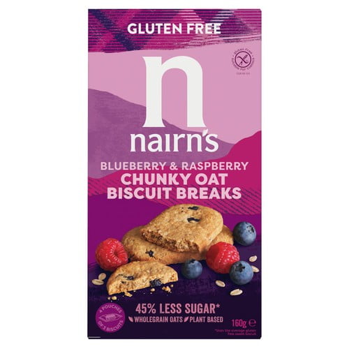 Nairn's Gluten Free Oats, Blueberry & Raspberry Chunky Biscuit Breaks 160g, British Import (Pack of 3)
