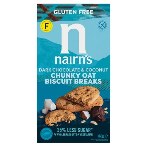 Nairn's Gluten Free Oats, Dark Chocolate & Coconut Breakfast Biscuit Breaks 160g, British Import (Pack of 3)