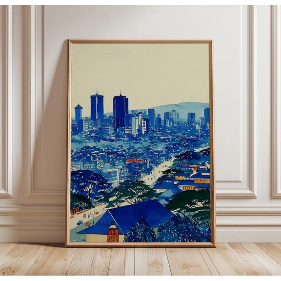 Nairobi City Skyline Elevated Urban Landscape Print Blue Tone Cityscape Wall Art Modern Africa Scene, Unframed Paper Print