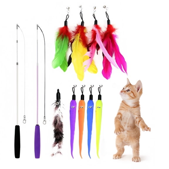 Naisfei 11 PCS Cat Feather Toy Retractable Cat Toys Wand with 2 Wands & 9 Assorted Teaser Refills Interactive Feather Teaser Wand Toy with Bell for Kitten Cat Catcher Having Fun Exercise Playing