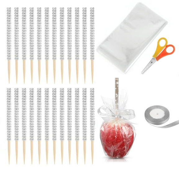 Naisfei 24 Pcs Bling Sticks for Candy Apple, Caramel Apple Wooden Skewers with Chocolate Apple Bags, Bling Candy Apple Sticks and Bags, Ribbon and Small Scissors, for Wedding/Party DIY Candy Apple