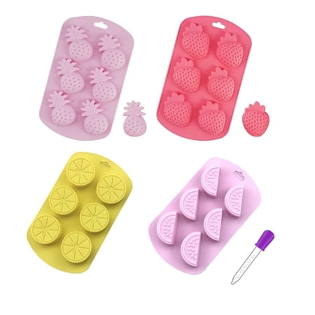 Naisfei 4 Pcs Fruit Shaped Jelly Molds, 3D Mini Pineapple Strawberry Orange Blueberry Mulberry Candle Silicone Fruit Mold for Jelly Fondant Soap Gummy Cake Cupcake Topper Decoration,with dropper