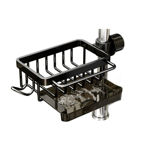 Naisfei Upgrade Kitchen Sink Faucet Organizer, Sponge Holder for Kitchen Sink with Tray and Hooks, Multifunction Faucet Rack for Kitchen & Bathroom Sink Brush Holder(Black, Left)