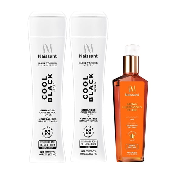 Naissant Set No Yellow Shampoo, Treatment Mask and Argan Oil. Color Care,Hair Intensifier and Damage Repair. Without Salt and Parabens for Black Hair (Black,Negro).