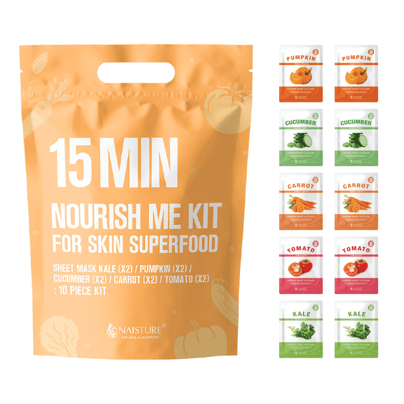 Naisture 15 Min Nourish Me Kit for Skin Superfood Care & Beauty Everyday Veggie Slice Mask Kale, Pumpkin, Cucumber, Carrot, and Tomato Sheet Mask (10 Packs
