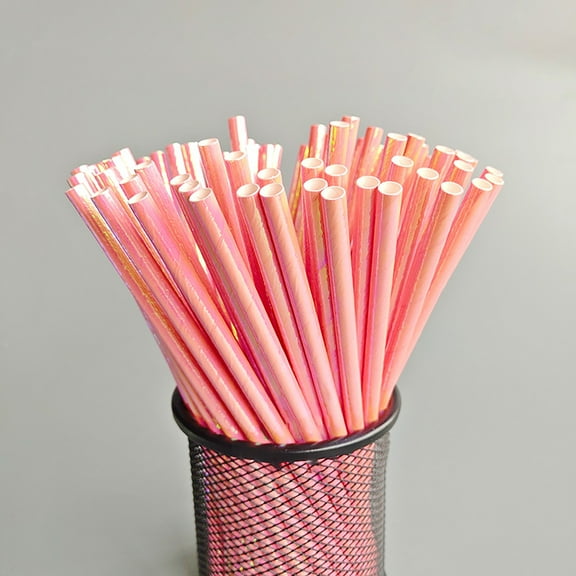 Naittoop 100 pcs Iridescent Paper Straws Glitter Disposable Straws,Drinking Well Crafted Straws for Juices Shakes Birthday Wedding Decoration Spring Party Event Supplies 7.8 in Pink