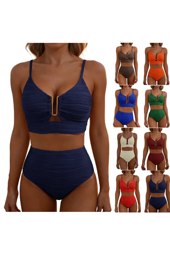 2 Piece Bikini Set U-Wire Cutout Popular Swimsuit High Waisted Textured 2026 Summer Beach Swim Bathing Suits