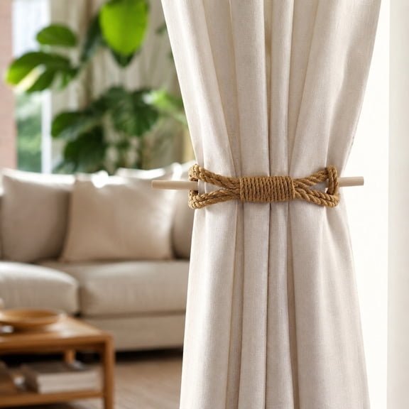 Naittoop 2pcs Curtain Tiebacks Rustic Holdbacks for Drapes Farmhouse Tie Backs for Curtains Cotton Jute Rope with Wood Club Rustic Curtain Accessory Living Room Decor Bedroom Window Ornament