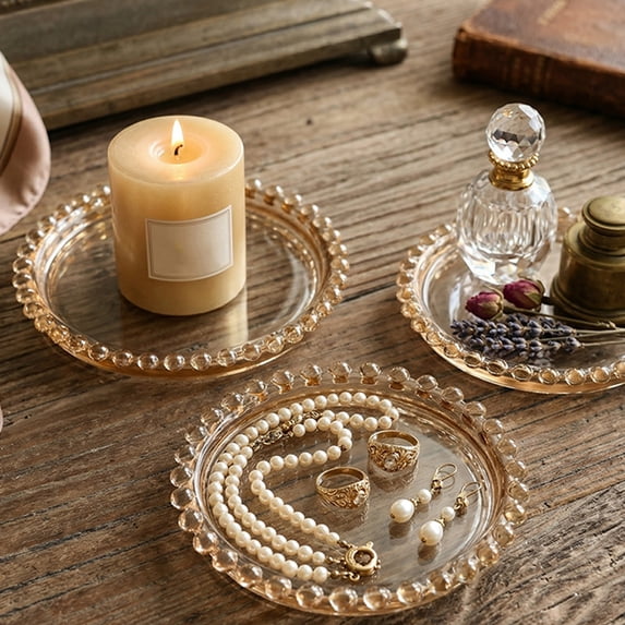 Naittoop 3.7" Round Beaded Glass Candle Holders 3 Pack Clear & Amber Glass Pillar Jewelry Organizer Tray with Beaded Rims for Coffee Table Centerpiece Bathroom Counter Decor