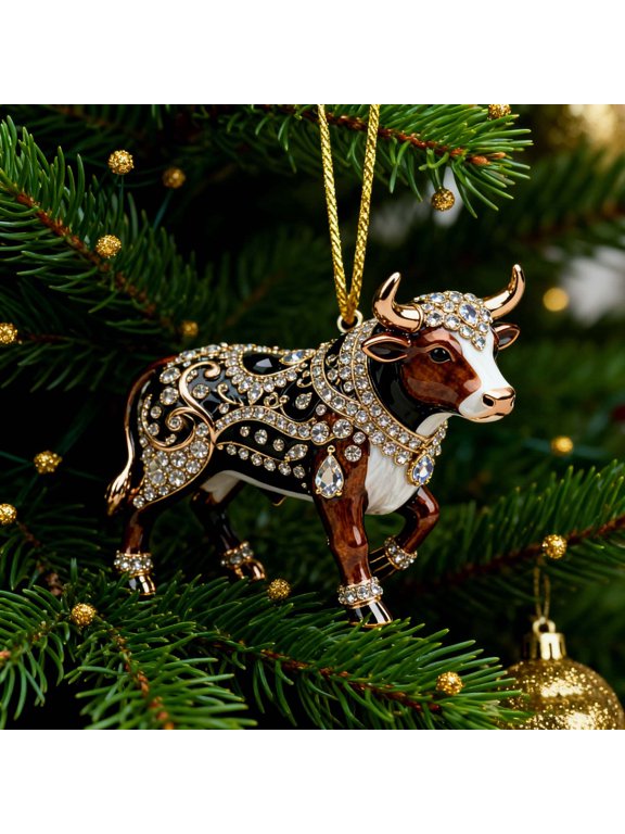 5 Pack 2D Acrylic Bull Christmas Tree Ornaments, Flat Hanging Holiday Pendant,Rearview Mirror,Backpack and Keychain Embellishment for Xmas Household Holiday Decor E