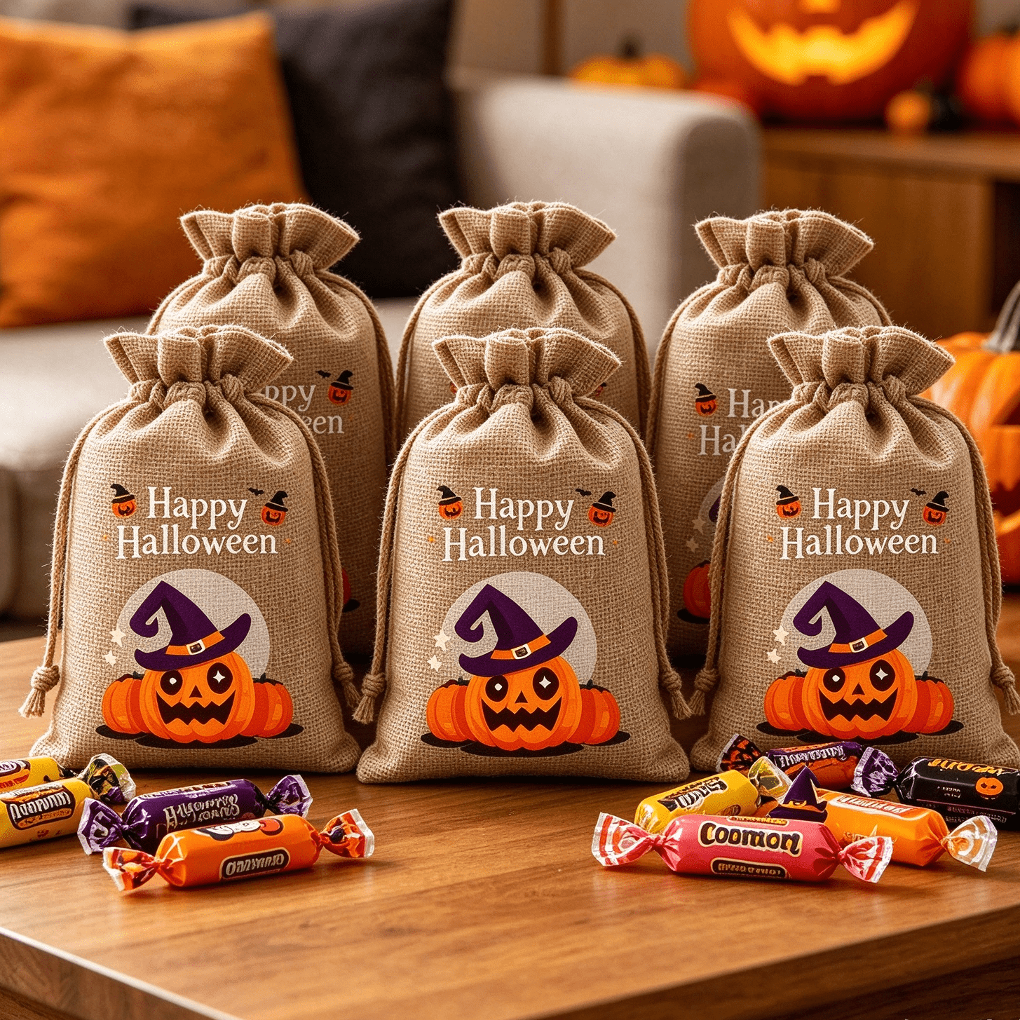 Naittoop 6 Pack Halloween Drawstring Gift Pouches, Happy Halloween ...