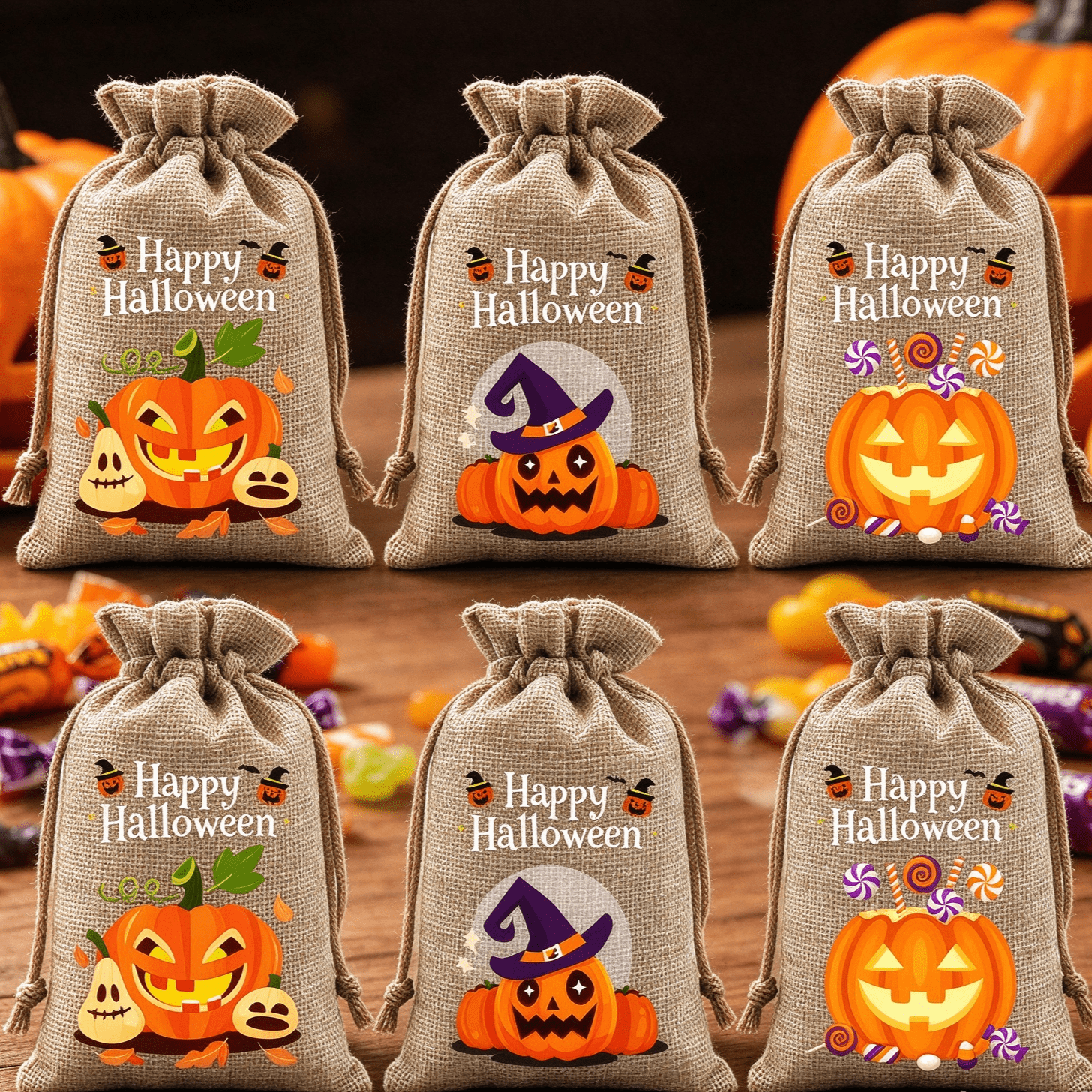 Naittoop 6 Pack Halloween Drawstring Gift Pouches, Happy Halloween ...