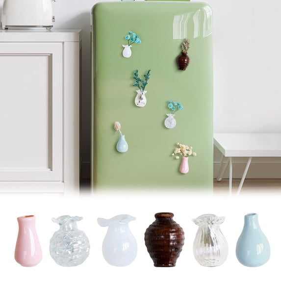 Naittoop 6 Pack Mini Glass Vase Magnets for Fridge Tiny Magnetic Refrigerator Accessories for Real Flowers Cutter Plantss Pot Magnet for Locker Office Kitchen Decor (without Flower)