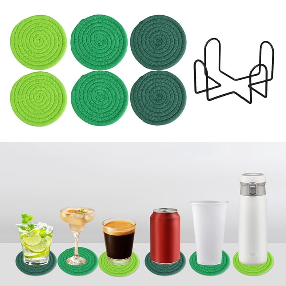 Naittoop 6 Pcs Rope Round Drink Coasters with Holder Washable Braided Woven Cotton Coasters for Dining Table Heat Resistant Non-Slip Circle Coasters Farmhouses Home Decor Mats 4.4 in Mint