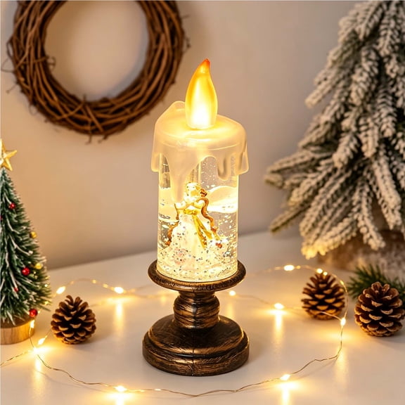 Naittoop Angel Christmas Snow Globe LED Candle,Vintage Battery Operated Flameless Water Candle with Swirling Glitter,Winter Tabletop Holiday Lamp with Gift Box for Xmas & Thanksgiving Decor