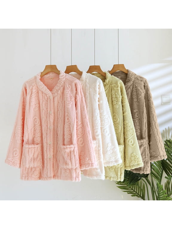 Bed Jackets for Women Men Fuzzy Fleece Button Up Loungewear Pajama Tops Soft Warm Sleepwear Winter Coat with Pockets