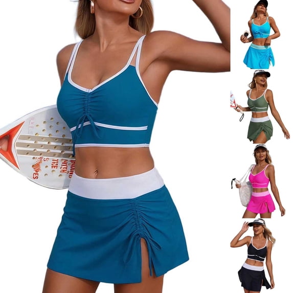 Naittoop Bikini Set for Women, Tankini Style Top with Drawstring Front, Swim Skirt Bottom, Modest Two Piece Swimsuit Swimwear