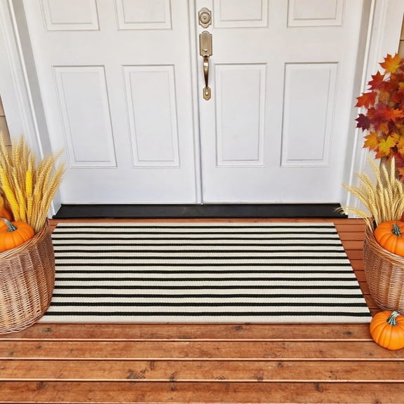 Naittoop Black and Beige Striped Outdoor Rug,23.6*15.7 in Farmhouse Front Porch Mat,Machine Washable Layered Door Mats for Entryway Bedroom,for Summer and Spring Decor