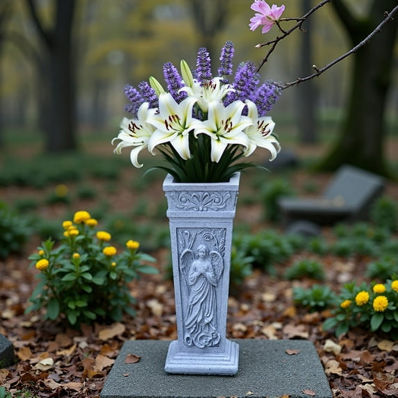 Naittoop Cemetery Flowers Vase with Spike, Memorial Grave Vase Resin Flowers Holder for Headstone, Grave, Cemetery, Garden, Lawn, Yard Decorations (Grey)