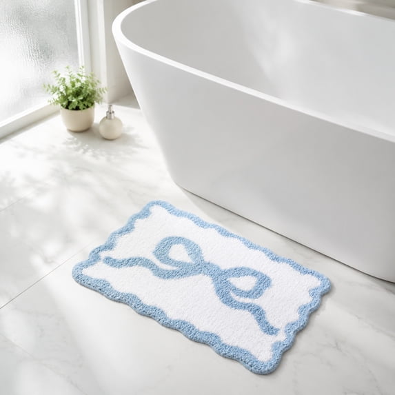 Naittoop Christmas Day Bow Rug 16x24in Blue Fluffy Area Rug Non Slip Plush Bedroom Carpet Cute Blue Bow Inspired Door Mat for Romantic Home Decor Beside Bed Vanity Entryway or Gift for Her